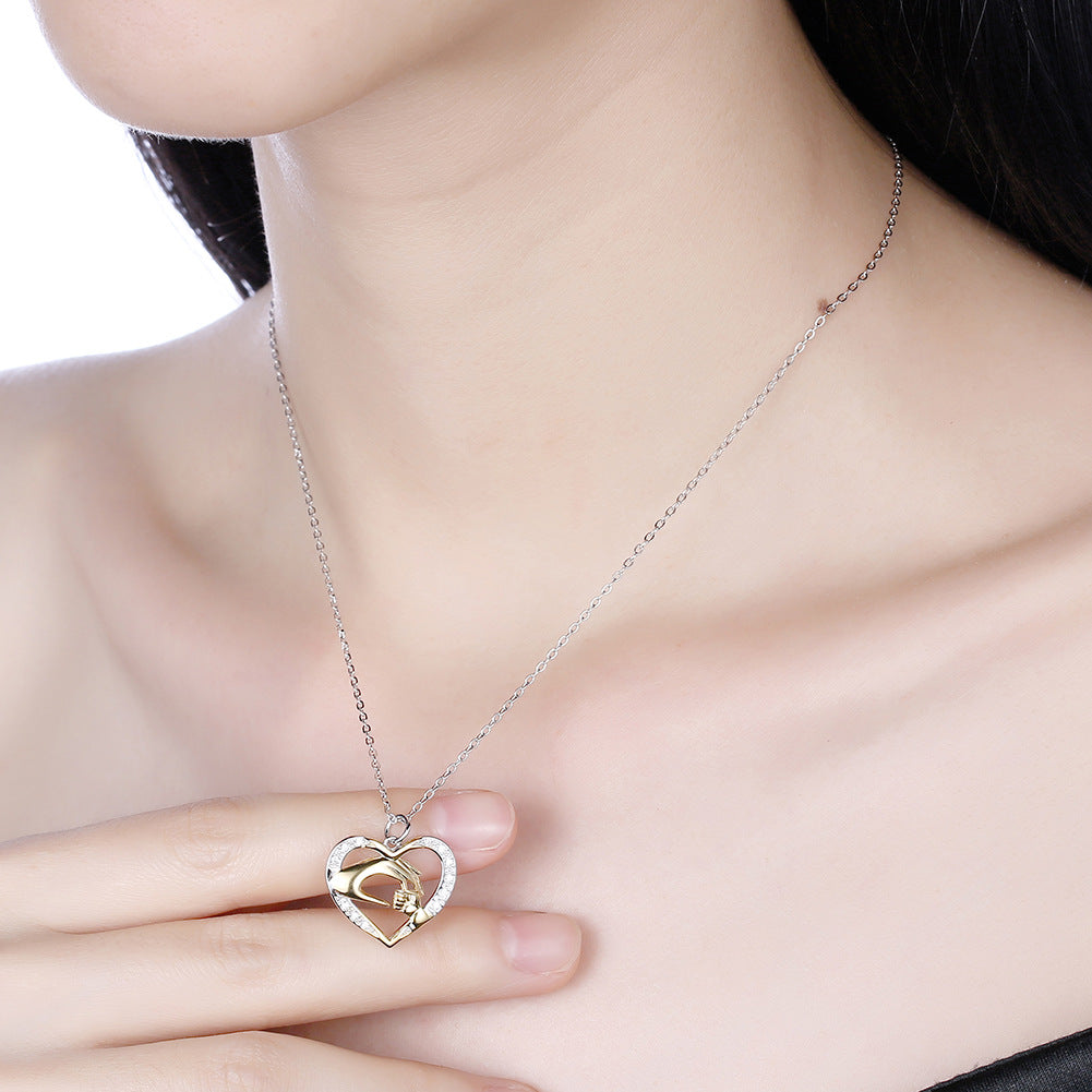 Carrying Hands Heart Shape Pendant Necklace Female 925 Sterling Silver With Diamonds