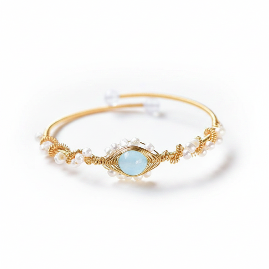 Gold Wire Braided Pearl Cuff Bracelet