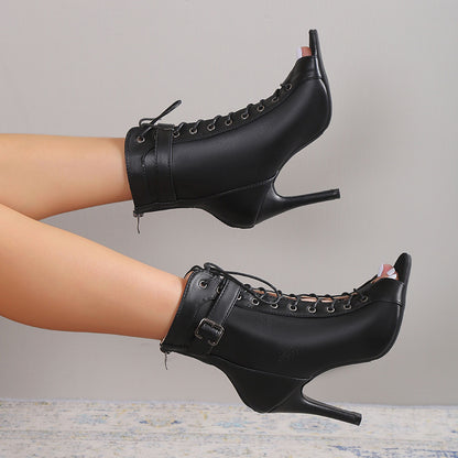 Women's Peep Toe High Heel Pumps – Lace-Up Buckle Sandals with Back Zipper