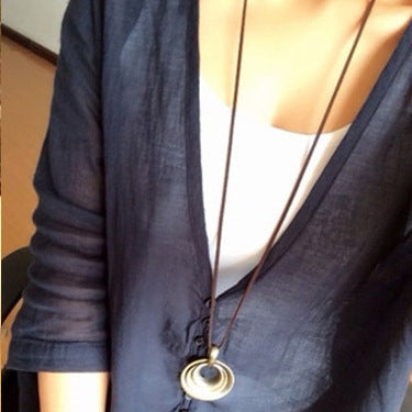 Gold-Plated Alloy Ring Pendant Sweater Chain Necklace
