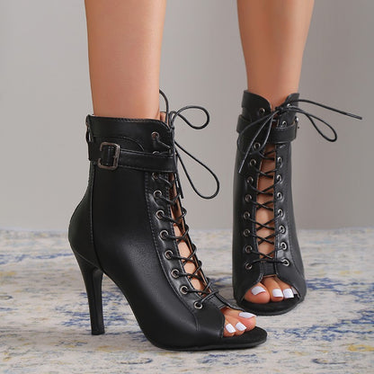 Women's Peep Toe High Heel Pumps – Lace-Up Buckle Sandals with Back Zipper