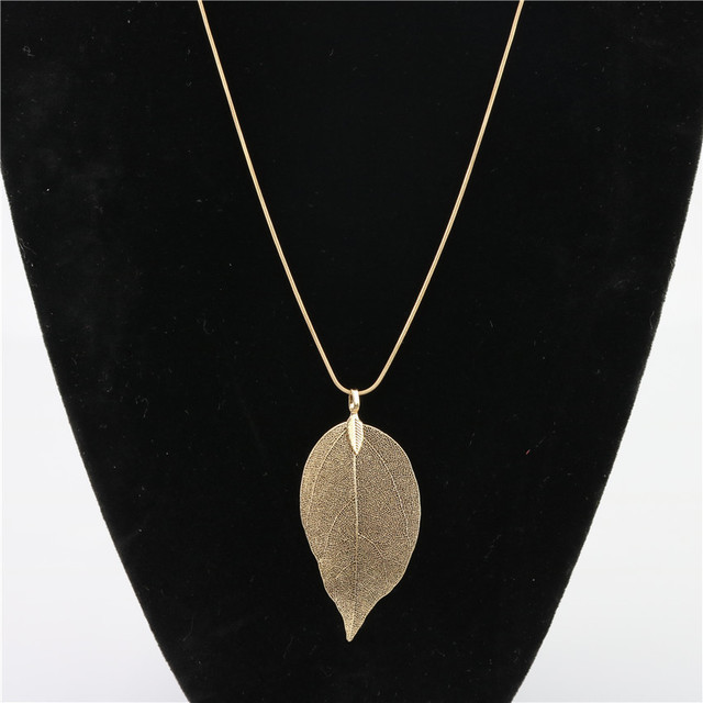 Natural Leaf Gold-Plated Pendant Sweater Chain Necklace