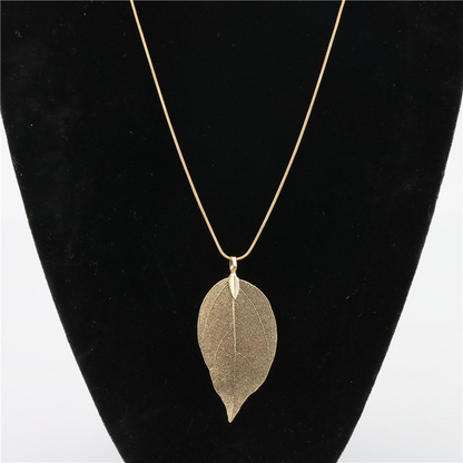 Natural Leaf Gold-Plated Pendant Sweater Chain Necklace