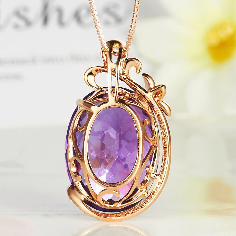 Luxury Synthetic Amethyst Pendant Necklace | Rose Gold Plated | Geometric Diamond-Encrusted