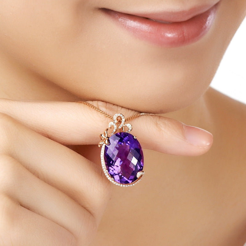 Luxury Synthetic Amethyst Pendant Necklace | Rose Gold Plated | Geometric Diamond-Encrusted