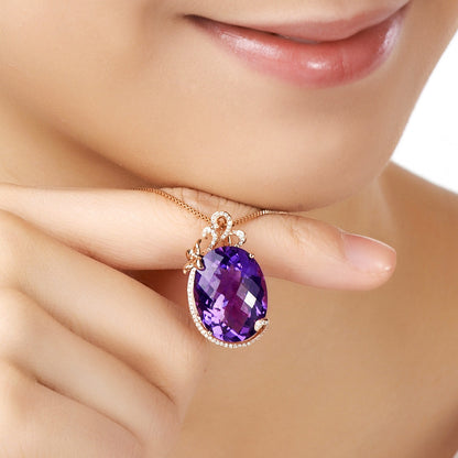 Luxury Synthetic Amethyst Pendant Necklace | Rose Gold Plated | Geometric Diamond-Encrusted