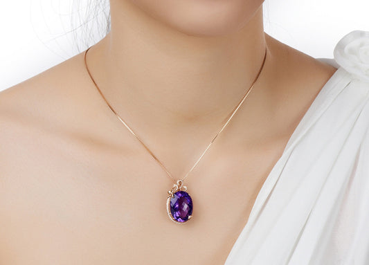 Luxury Synthetic Amethyst Pendant Necklace | Rose Gold Plated | Geometric Diamond-Encrusted