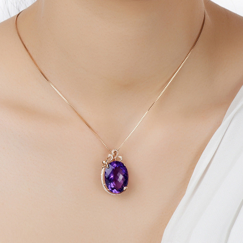 Luxury Synthetic Amethyst Pendant Necklace | Rose Gold Plated | Geometric Diamond-Encrusted