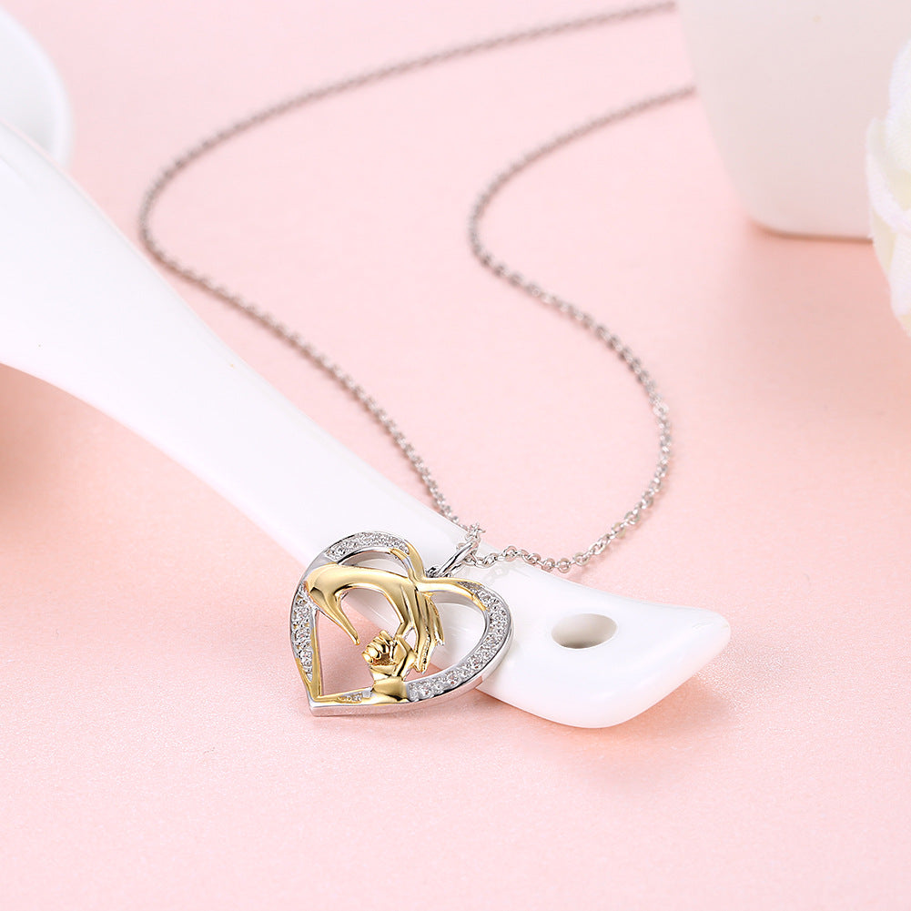 Carrying Hands Heart Shape Pendant Necklace Female 925 Sterling Silver With Diamonds