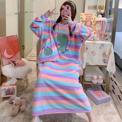 Women's Flannel Cartoon Nightdress – Cozy Winter Pajamas & Home Loungewear