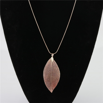 Natural Leaf Gold-Plated Pendant Sweater Chain Necklace