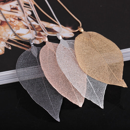Natural Leaf Gold-Plated Pendant Sweater Chain Necklace