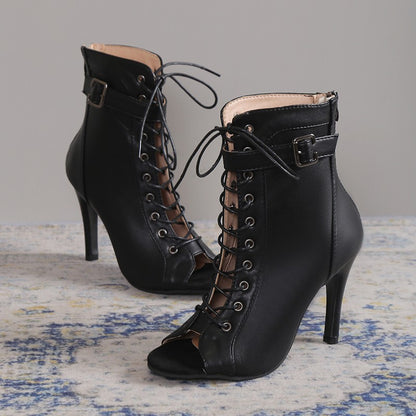 Women's Peep Toe High Heel Pumps – Lace-Up Buckle Sandals with Back Zipper