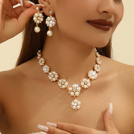 Gold Camellia Flower Rhinestone Necklace & Earrings Set | Women's Statement Jewelr