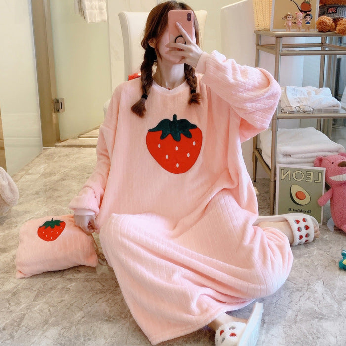 Women's Flannel Cartoon Nightdress – Cozy Winter Pajamas & Home Loungewear