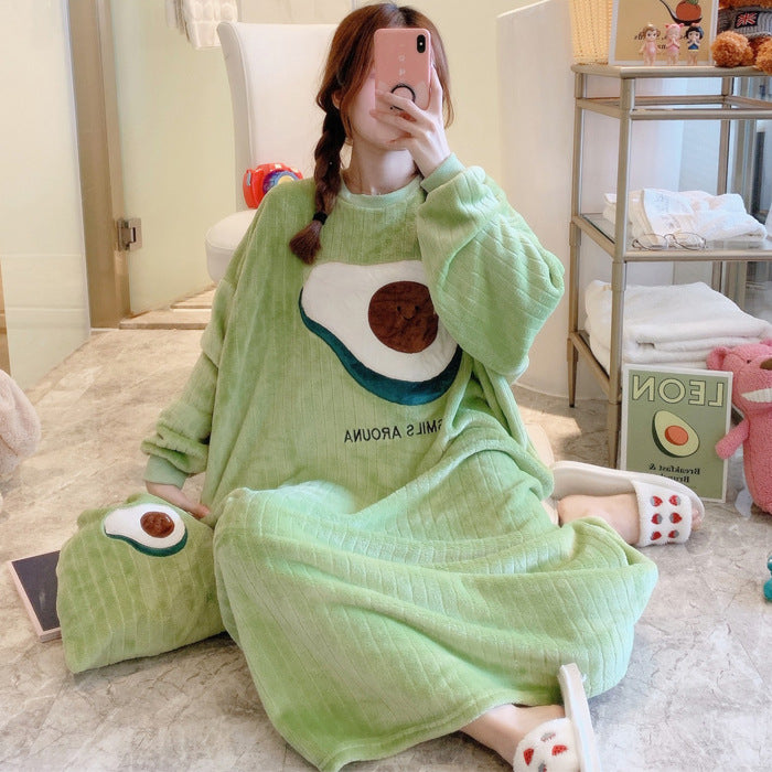 Women's Flannel Cartoon Nightdress – Cozy Winter Pajamas & Home Loungewear