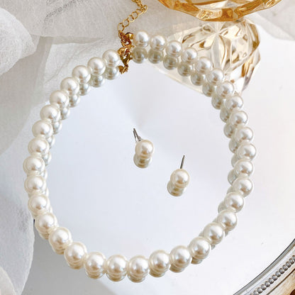 Simple Retro Pearl NecklaceHepburn Style Faux Pearl Jewelry Set Two Pieces