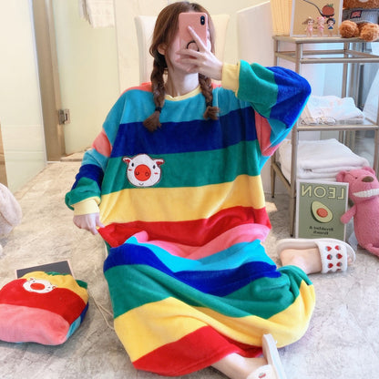 Women's Flannel Cartoon Nightdress – Cozy Winter Pajamas & Home Loungewear