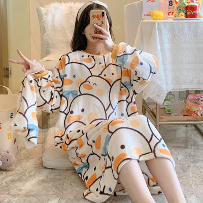 Women's Flannel Cartoon Nightdress – Cozy Winter Pajamas & Home Loungewear