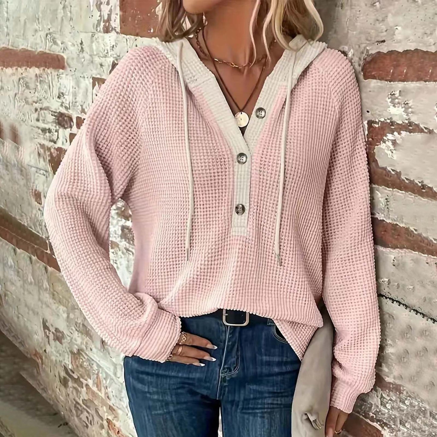 Women's Solid Color Waffle Hooded Button Loose Long Sleeve Sweatershirt