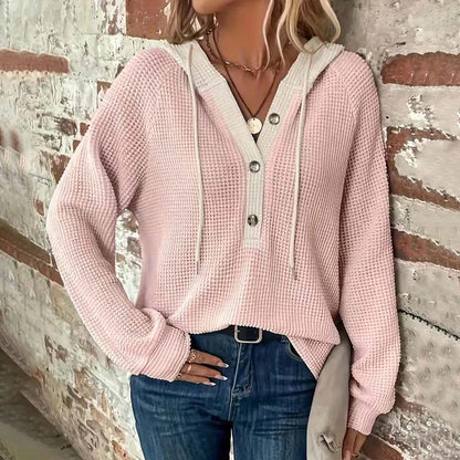 Women's Solid Color Waffle Hooded Button Loose Long Sleeve Sweatershirt