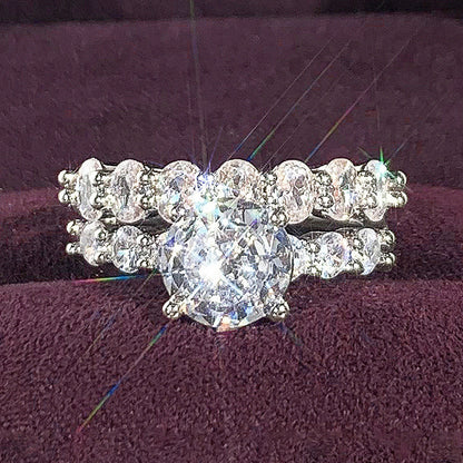 Round Geometric Couple Rings Inlaid Zircon Ring