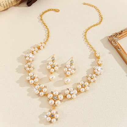 Gold Camellia Flower Rhinestone Necklace & Earrings Set | Women's Statement Jewelr