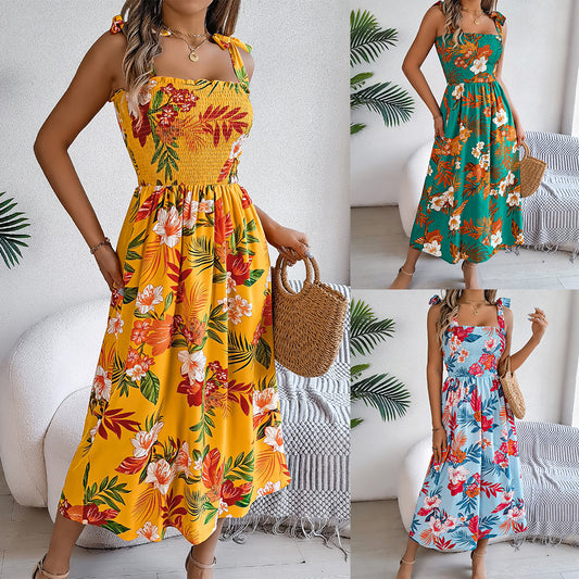 Flowers Print Suspender Corset Dress Ins Fashion Holiday Beach Long Dresses Summer Clothing For Women