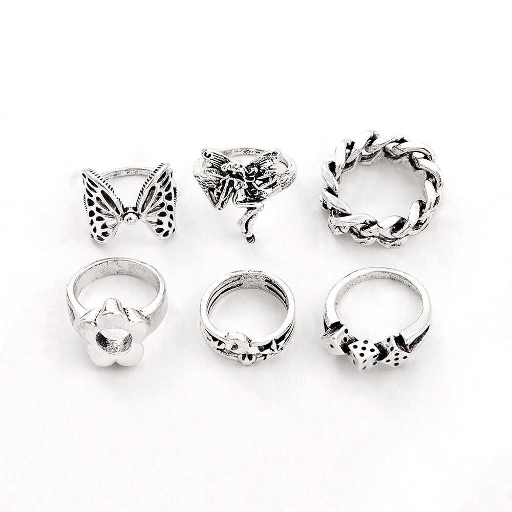 Antique Silver Vintage Butterfly Heart Rings Set Of 6
