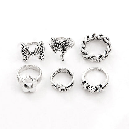 Antique Silver Vintage Butterfly Heart Rings Set Of 6