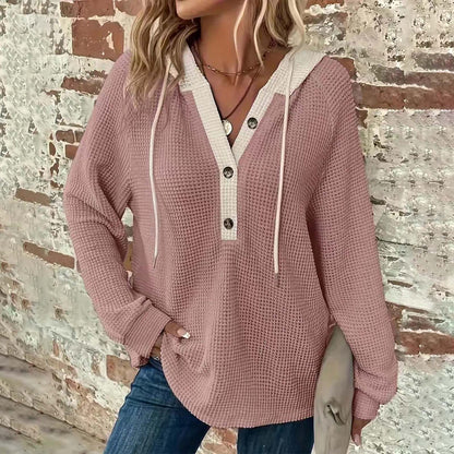 Women's Solid Color Waffle Hooded Button Loose Long Sleeve Sweatershirt