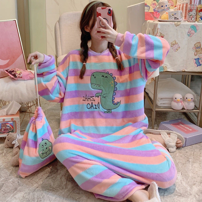 Women's Flannel Cartoon Nightdress – Cozy Winter Pajamas & Home Loungewear