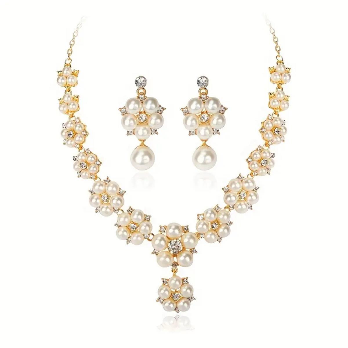 Gold Camellia Flower Rhinestone Necklace & Earrings Set | Women's Statement Jewelr