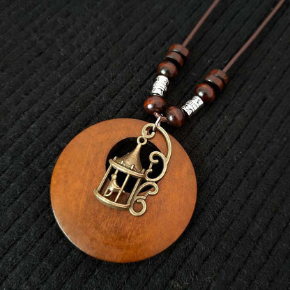 Retro Ethnic Style Beaded Wood Chip Hollowed Out Necklace