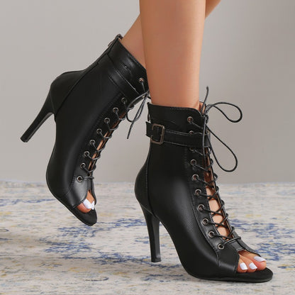 Women's Peep Toe High Heel Pumps – Lace-Up Buckle Sandals with Back Zipper