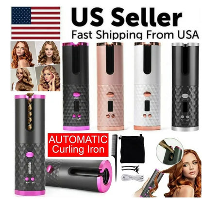 Cordless Auto-Rotating Hair Curler – LCD Ceramic Wireless USB Rechargeable Curling Iron