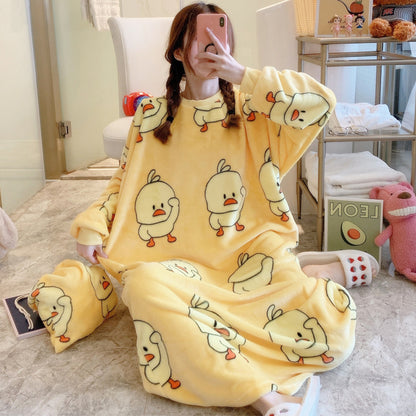 Women's Flannel Cartoon Nightdress – Cozy Winter Pajamas & Home Loungewear