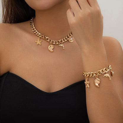 Boho Ocean Necklace & Bracelet Set - Starfish Dolphin Jewelry