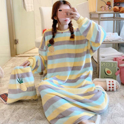 Women's Flannel Cartoon Nightdress – Cozy Winter Pajamas & Home Loungewear