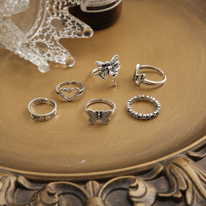 Antique Silver Vintage Butterfly Heart Rings Set Of 6
