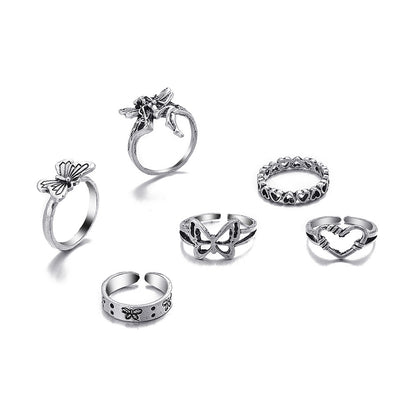 Antique Silver Vintage Butterfly Heart Rings Set Of 6