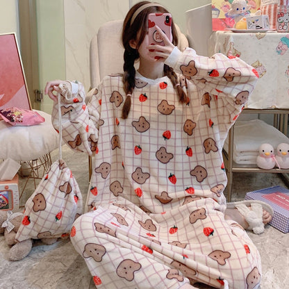 Women's Flannel Cartoon Nightdress – Cozy Winter Pajamas & Home Loungewear