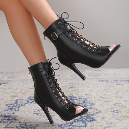 Women's Peep Toe High Heel Pumps – Lace-Up Buckle Sandals with Back Zipper