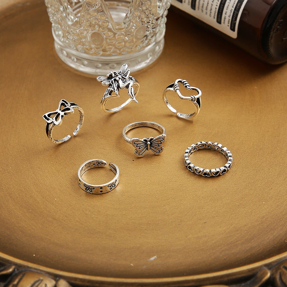 Antique Silver Vintage Butterfly Heart Rings Set Of 6