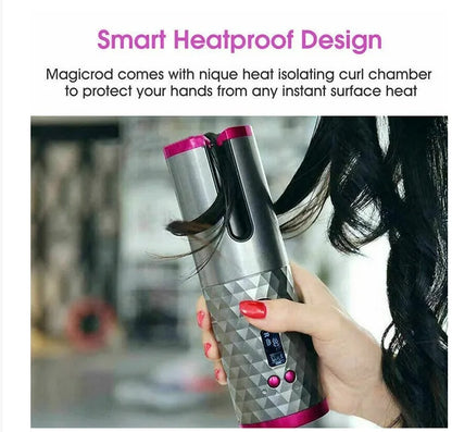 Cordless Auto-Rotating Hair Curler – LCD Ceramic Wireless USB Rechargeable Curling Iron
