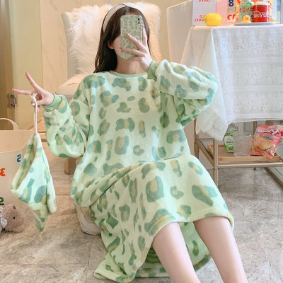 Women's Flannel Cartoon Nightdress – Cozy Winter Pajamas & Home Loungewear