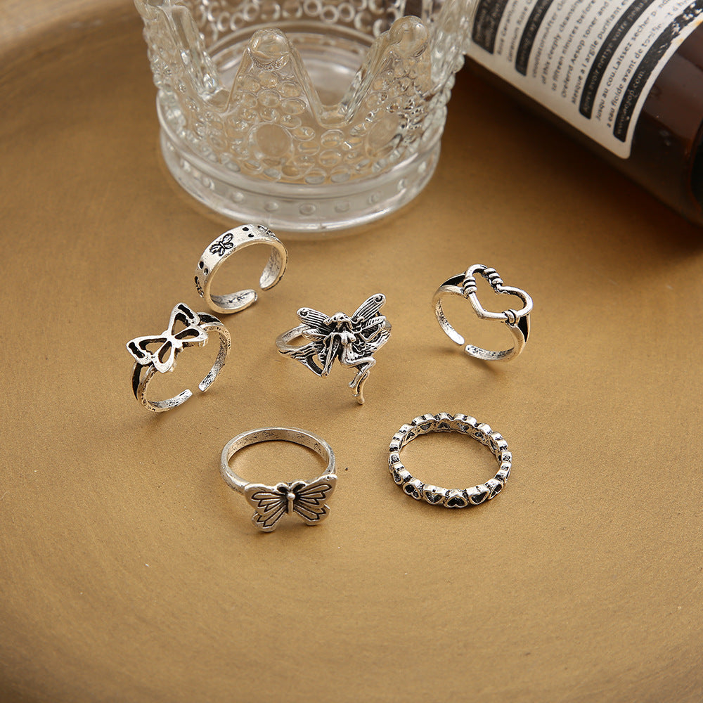 Antique Silver Vintage Butterfly Heart Rings Set Of 6