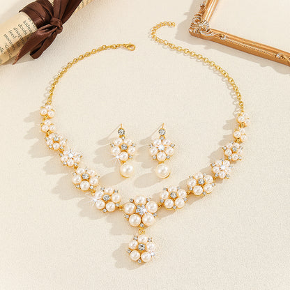 Gold Camellia Flower Rhinestone Necklace & Earrings Set | Women's Statement Jewelr