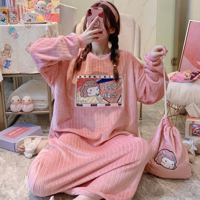 Women's Flannel Cartoon Nightdress – Cozy Winter Pajamas & Home Loungewear